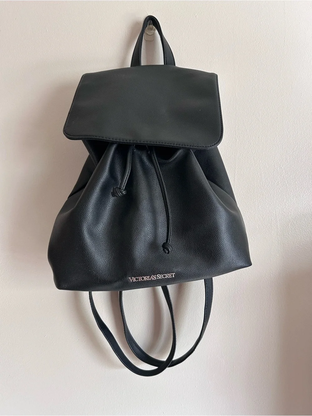 Victorias Secret | Black faux leather drawstring backpack - Picture 1 of 8
